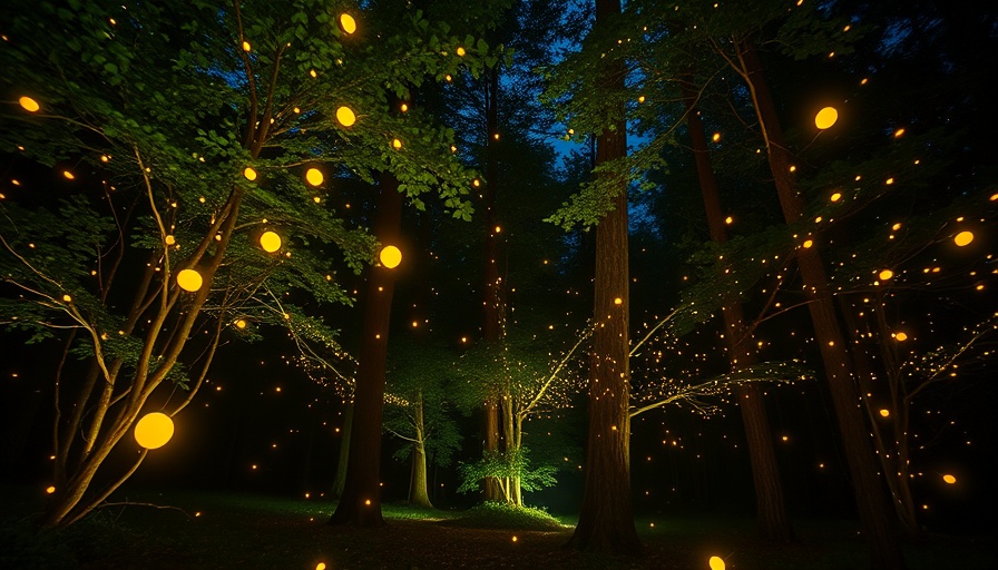 Serene night forest with glowing fireflies for guided imagery for sleep.