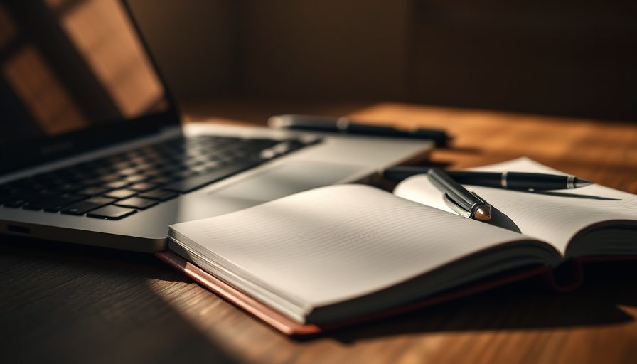 Open notebook and laptop on desk, coping with financial stress, sunlight casts shadows