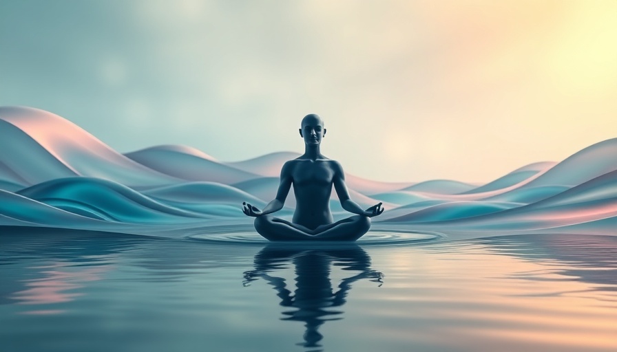 Abstract figure meditating with colorful waves background.