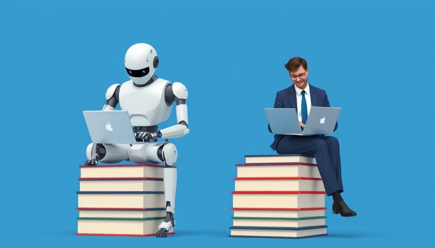 Illustration of technology adoption paradox in the workplace; robot and businessman on book stacks.