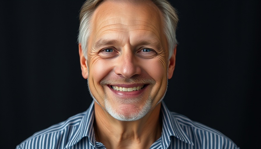 Middle-aged man smiling in striped shirt, conveying positivity in startups