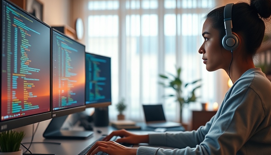 Young woman focused on coding in tech workspace for work-life balance.