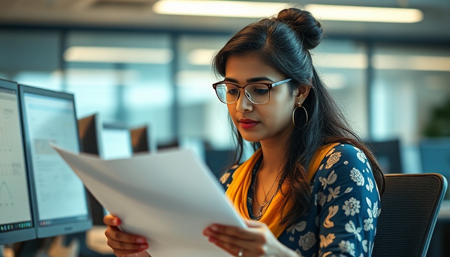 Indian woman reviewing documents in office, illustrating work-life balance.