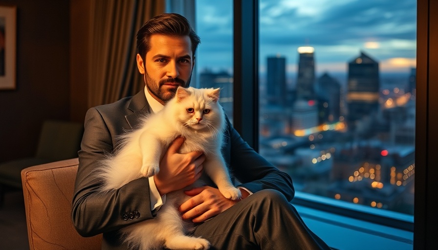 Sophisticated scene of a person with a white cat, cinematic ambiance