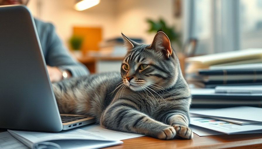 Cozy workspace with a cat and laptop, emphasizing sustainable productivity hacks.