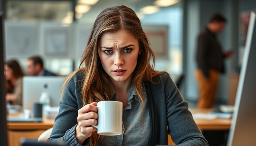 Weary woman managing workplace stress with a coffee mug at her desk.