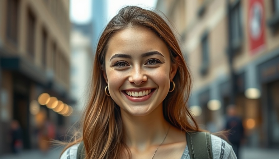 Smiling woman outdoors in urban setting, AAPI LGBTQ Youth Mental Health.