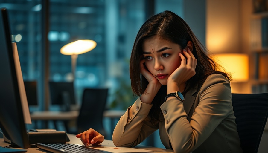 Woman in office pondering mental healthcare benefits awareness.