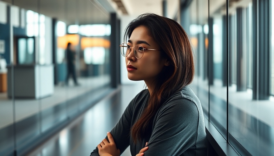 Young woman in office reflecting on mental health at work.