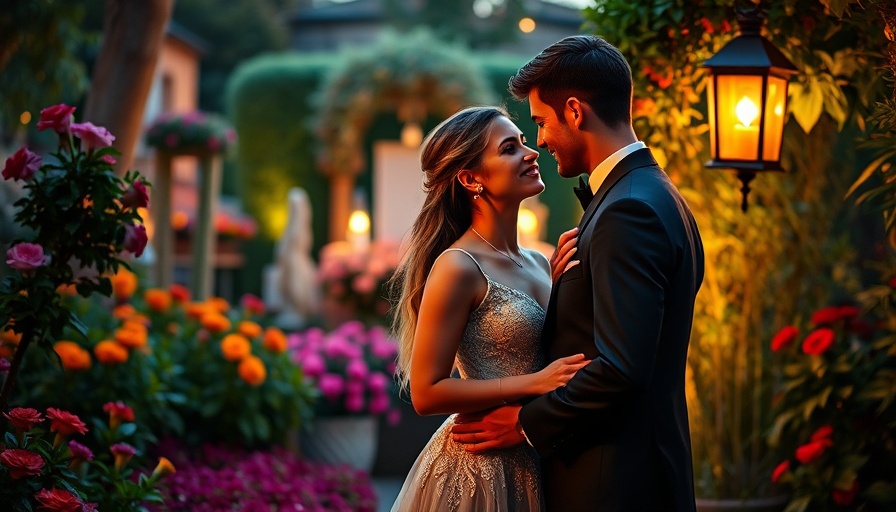 Elegant couple in garden, cinematic ambiance, entertainment setting.