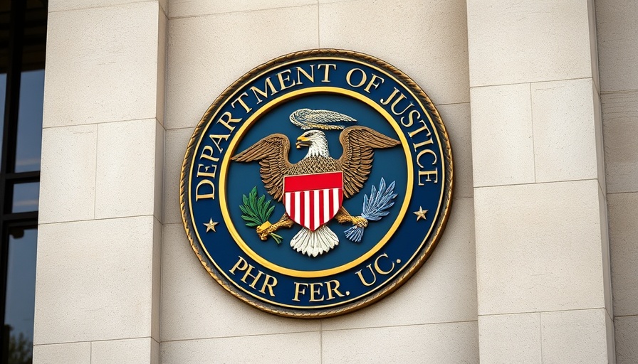 Department of Justice seal symbol against a stone backdrop.