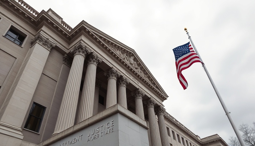 Angled view of Department of Justice building with American flag.