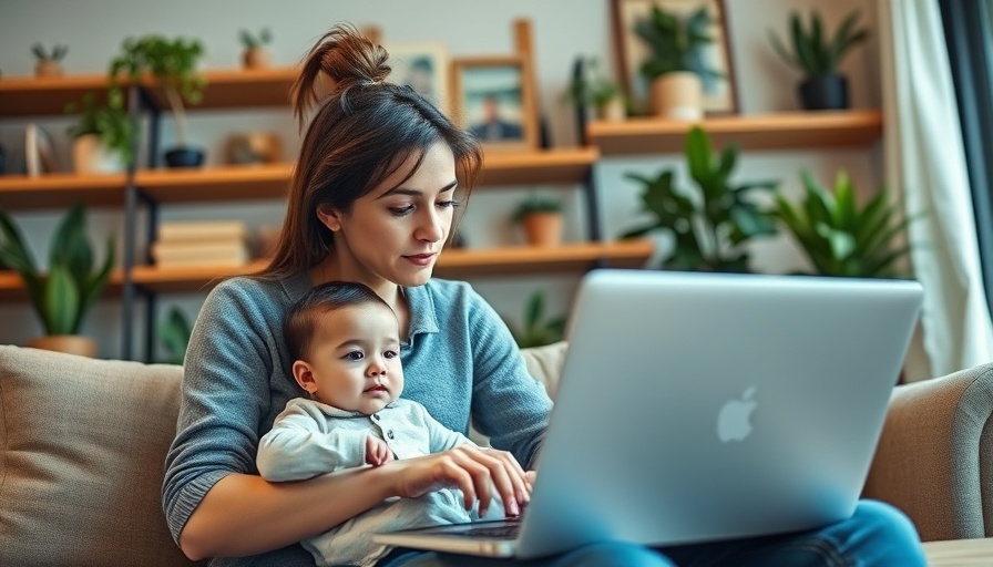 AI and hybrid work models: Mother and baby in home office setting.