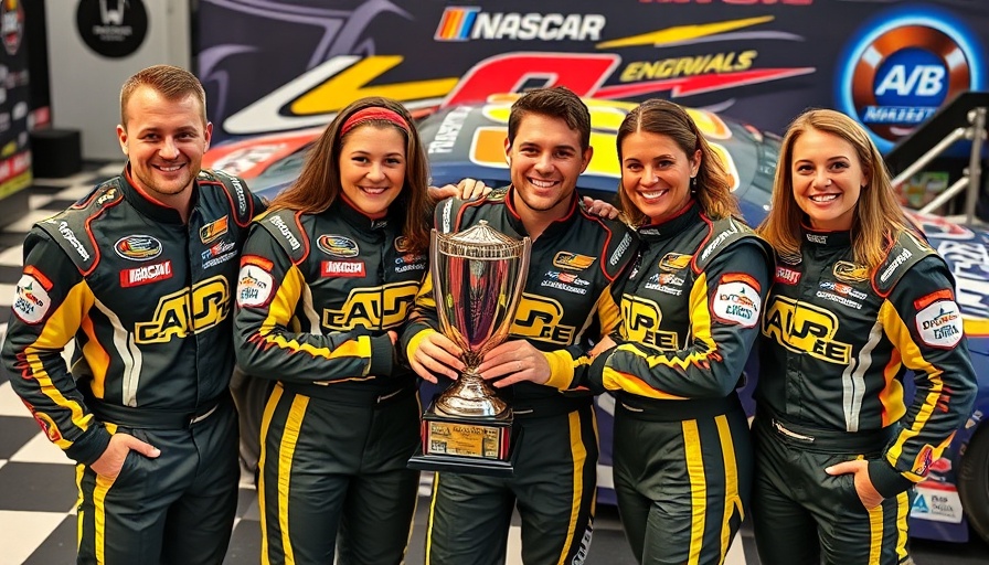 Chase Briscoe NASCAR team with trophy after appeal overturned.