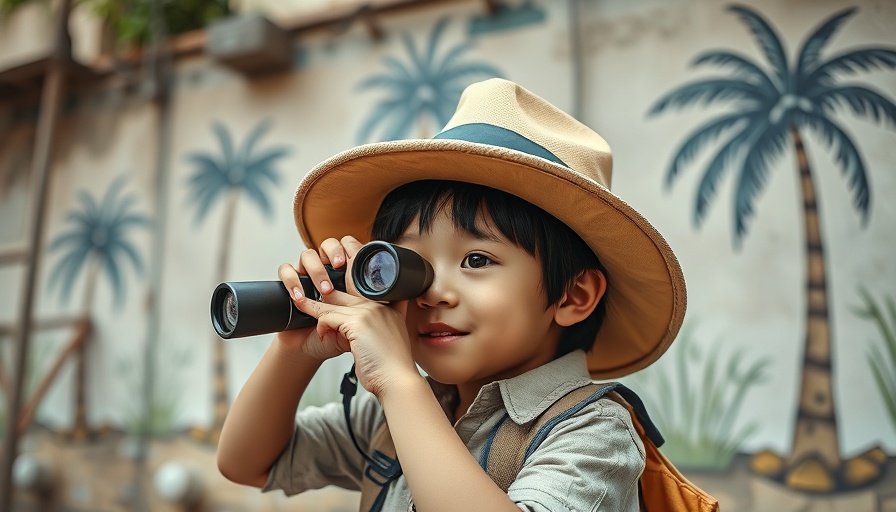 Young child explores against illustrated palm trees, showcasing accessible design.