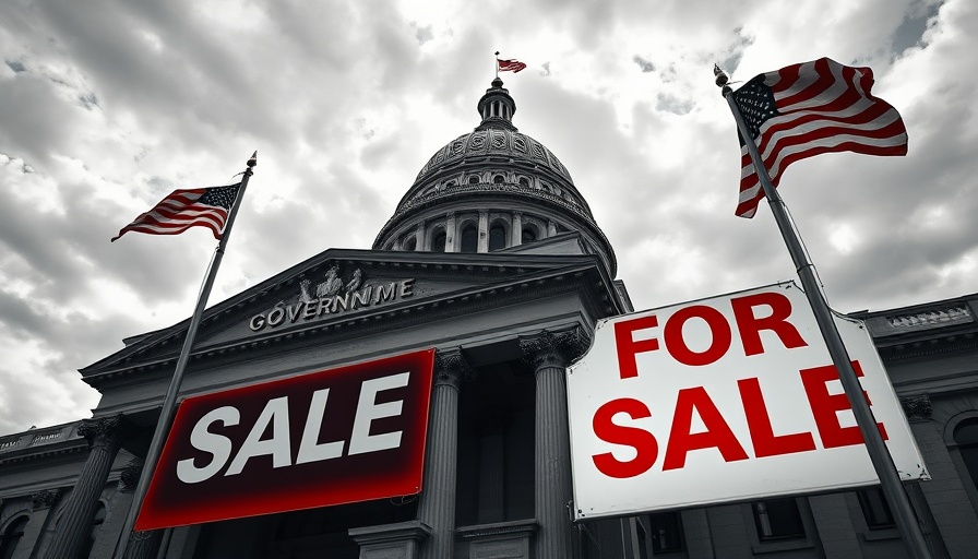 Government building with 'For Sale' sign, dramatic view highlighting For-Sale Government Properties GSA.