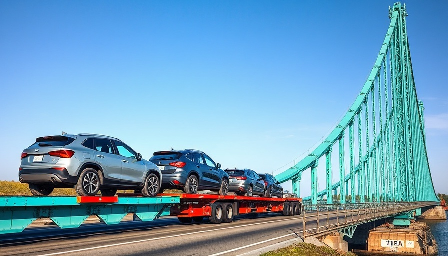 Cars on trailer crossing bridge, related to tariff-exposed stocks.