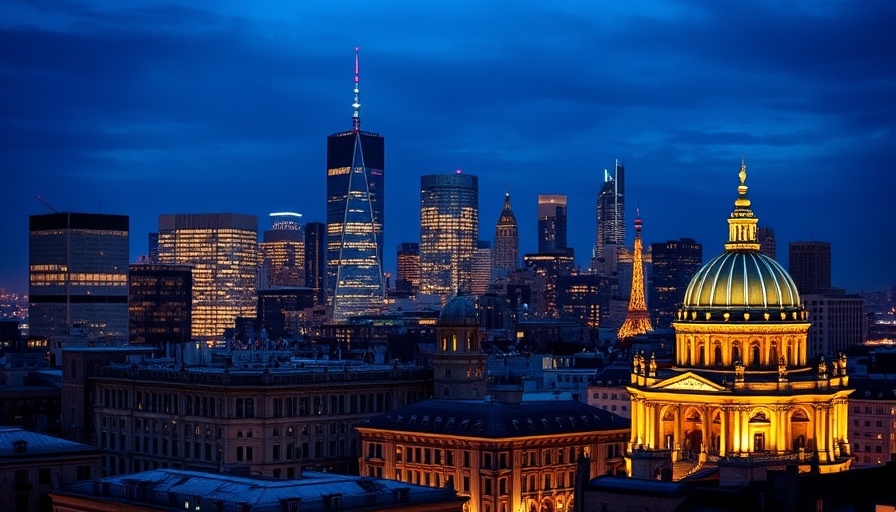 Financial district illuminated at dusk, cityscape view.