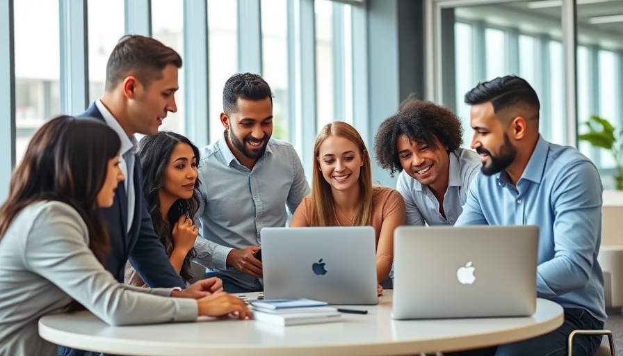 Professionals collaborate in a modern office, discussing marketing plans.