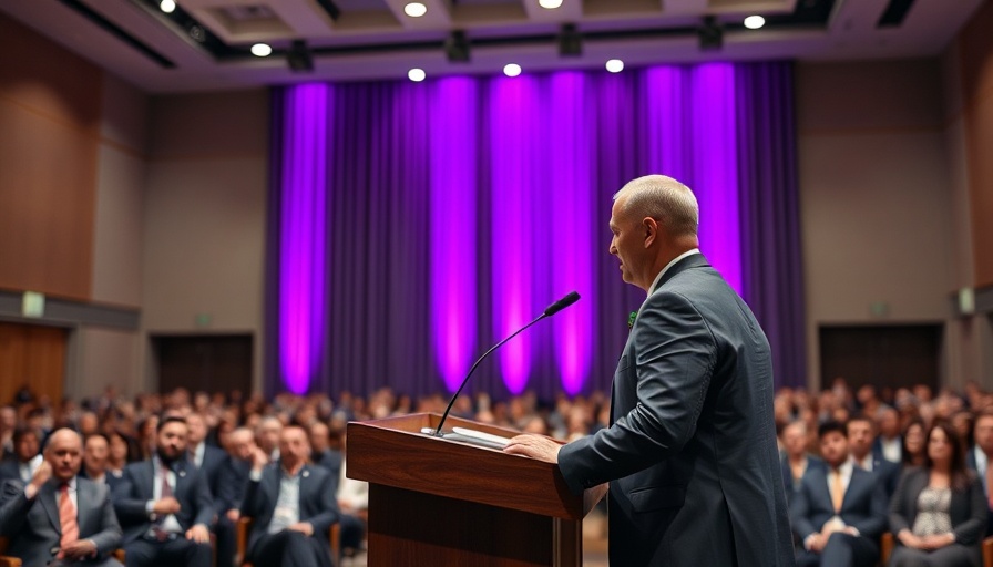 Speaker in a conference hall discussing AI Driven Behavioral Analytics in Compliance.