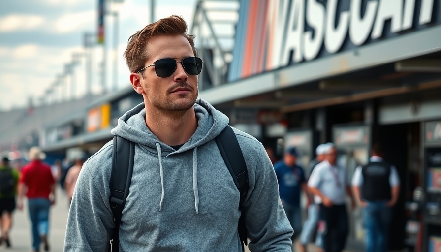 NASCAR event attendee casually walking near Cup Series signage.