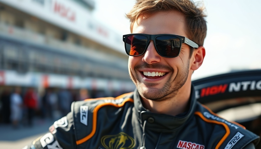 Race car driver smiling at a NASCAR event, in vibrant detail.