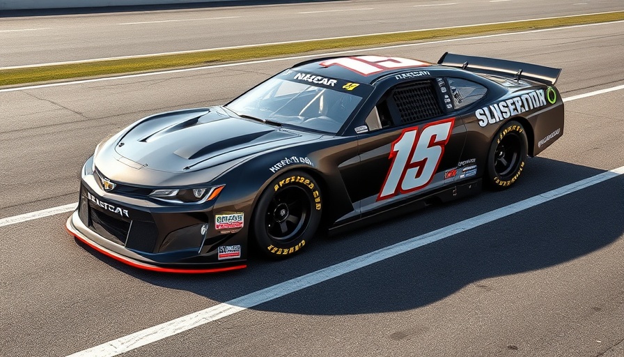 Sleek NASCAR race car with bold logo on asphalt, natural sunlight.