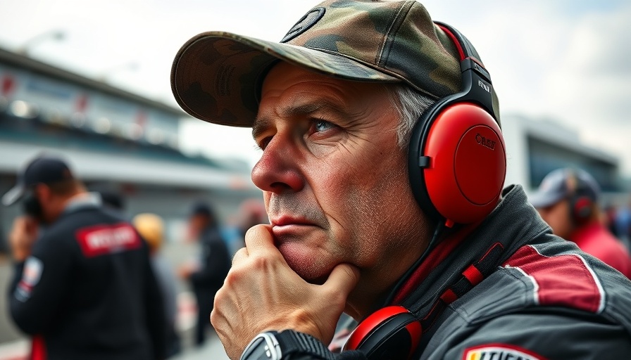 Contemplative man at race, reflecting on NASCAR revenue-sharing disputes.