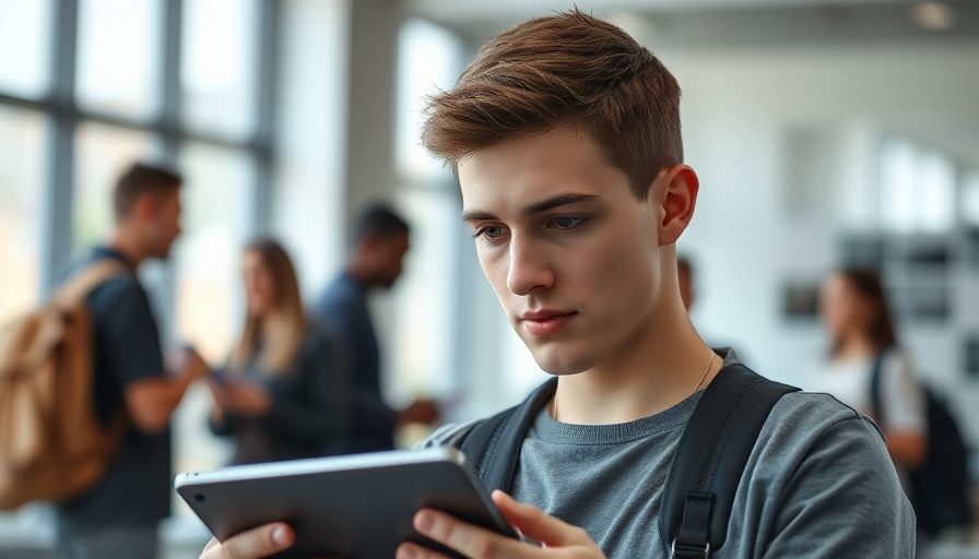 Young man using tablet for learning apps in 2025.