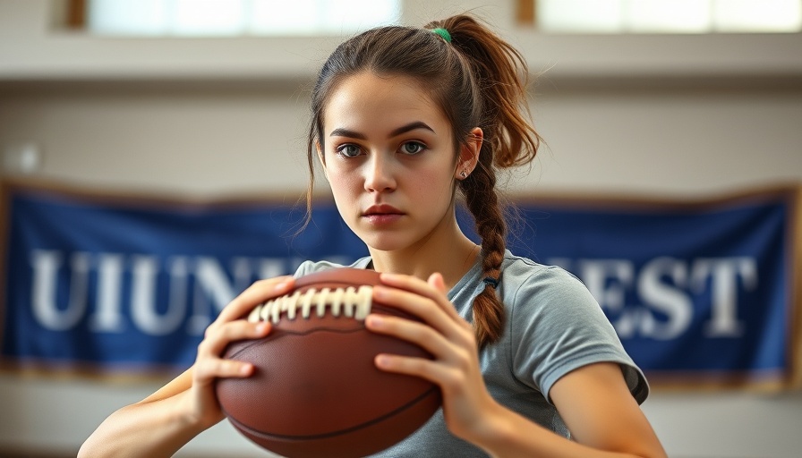 Focused young woman at a university, holding a football, women's flag football league.