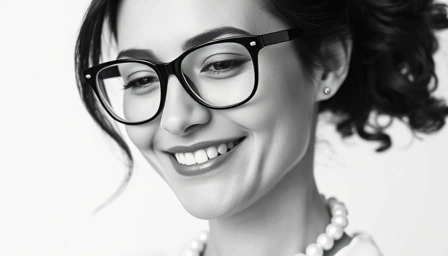 Confident woman in glasses smiling, black and white portrait.