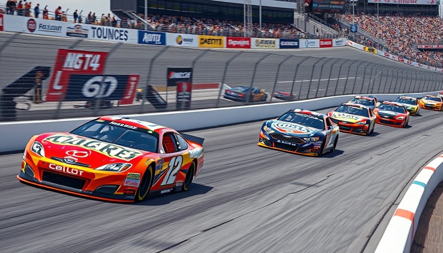 Vibrant NASCAR paint schemes on race cars speeding around the track.