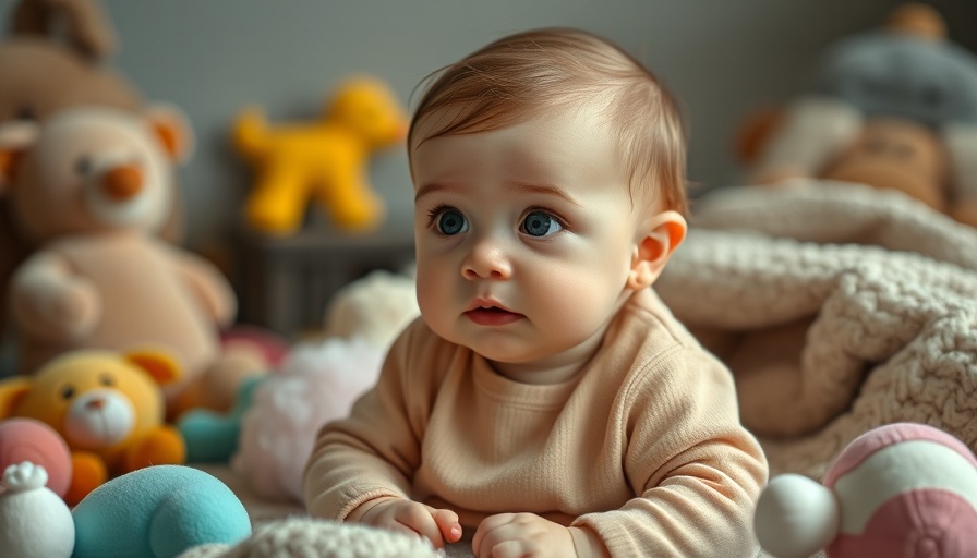 Curious baby surrounded by toys, embracing secrets.