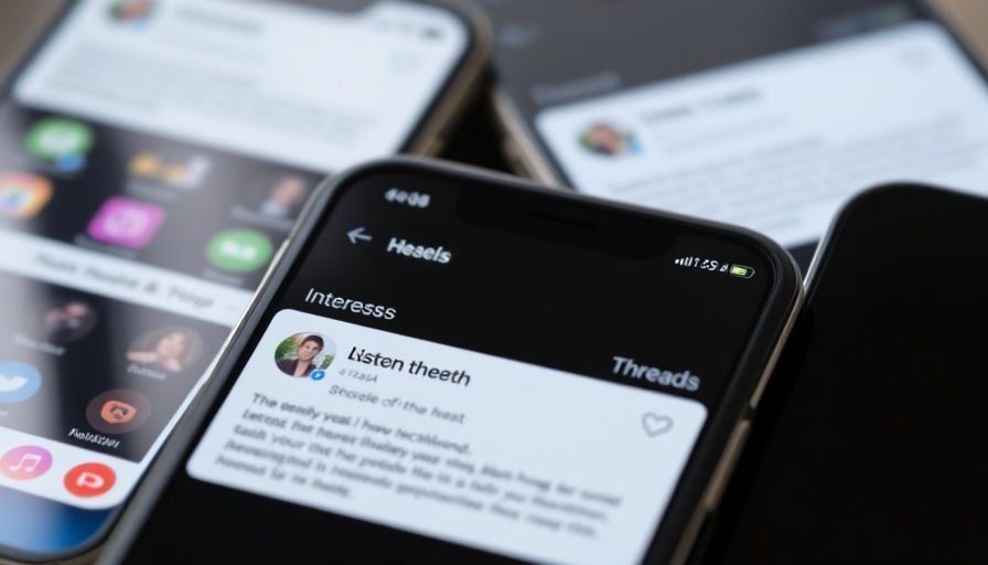 Threads interests feature showcased on three smartphone screens.