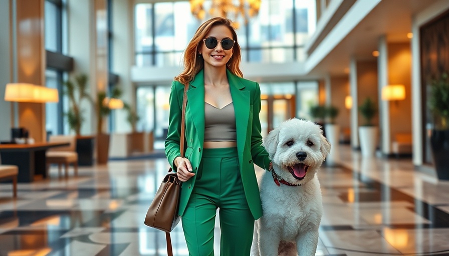 Woman and dog at dog-friendly hotel lobby check-in desk.