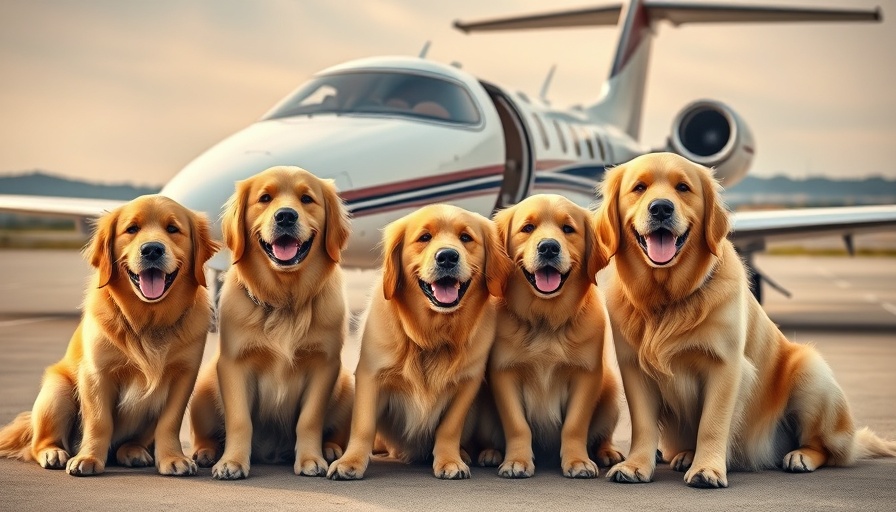 RetrievAir dog airline: golden retrievers at private jet.