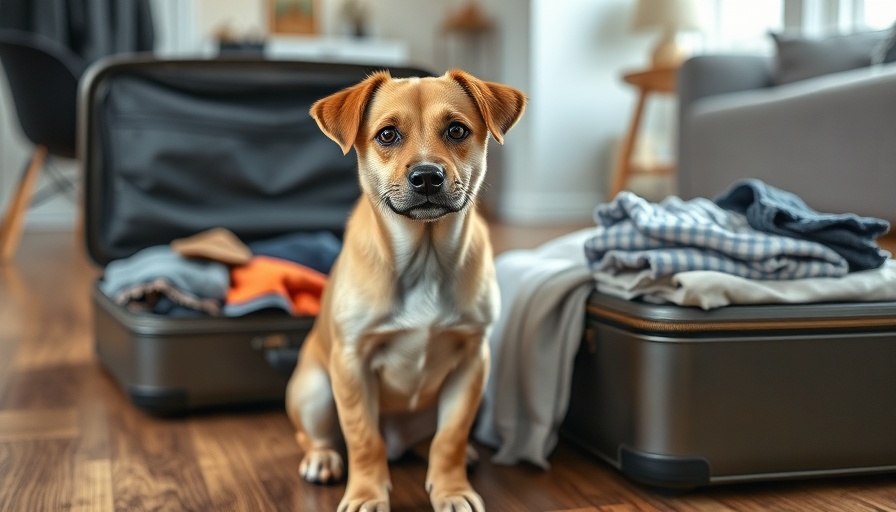 Curious dog sitting next to packed suitcase in a modern room, Traveling with Pets.