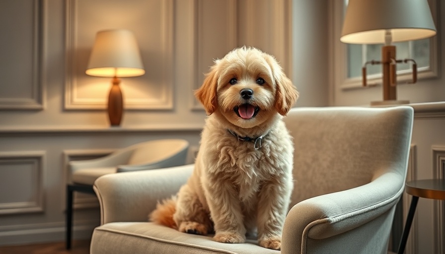 Fluffy dog enjoying a modern hotel room, traveling with pets.