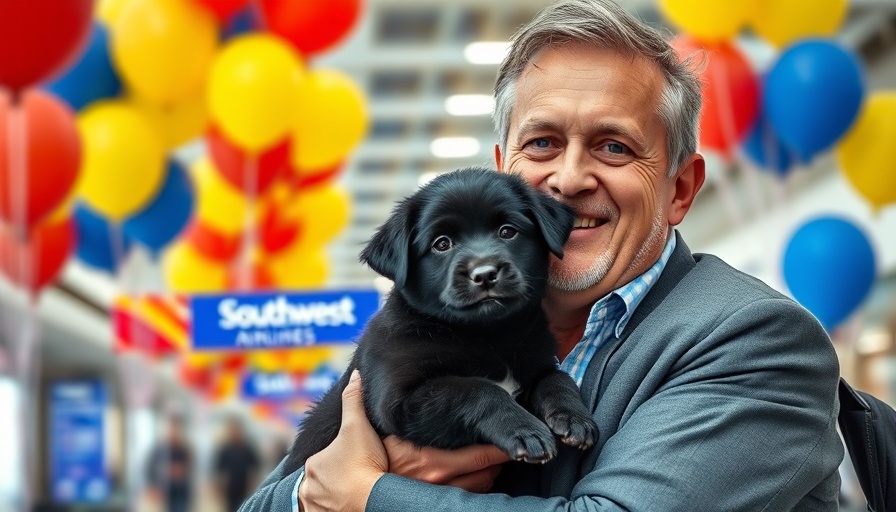 Man with puppy at Southwest Airlines gate, colorful balloons