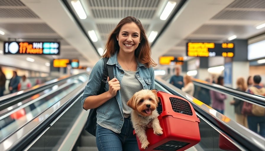 American Airlines Pet Policy: Woman with dog at airport escalator.