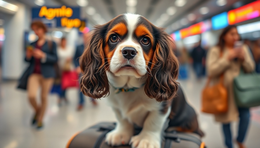 Cavalier King Charles Spaniel on a suitcase at the airport.