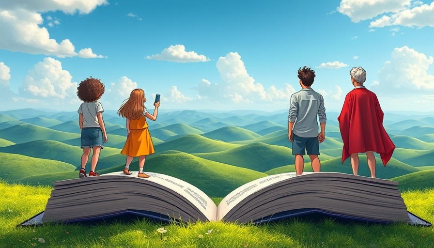 Colorful cartoon of people doing effective horizon scanning over books and hills.