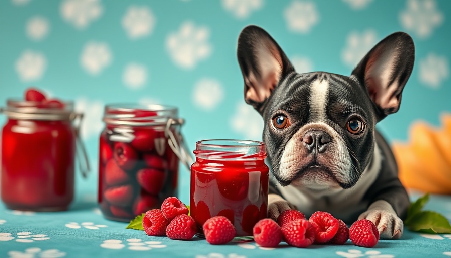 Curious bulldog pondering beside jam jar and berries on teal background.