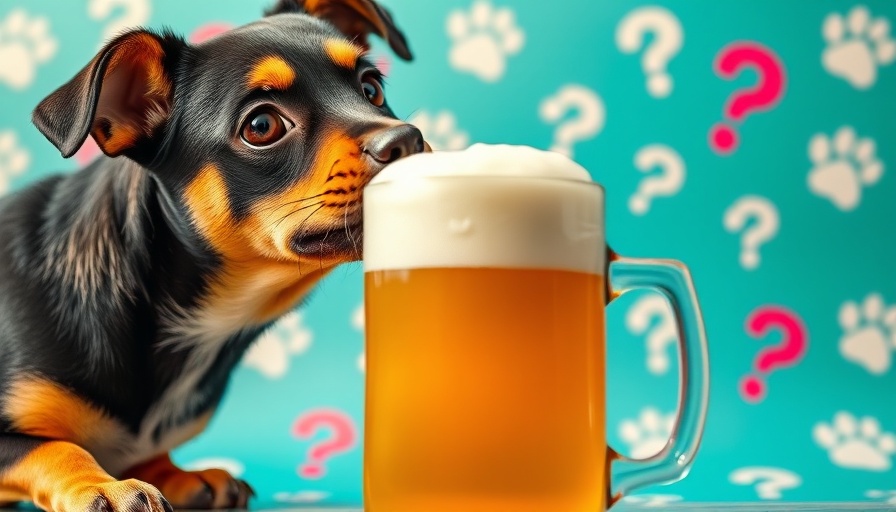 Curious dog looking at beer mug with paw prints background.