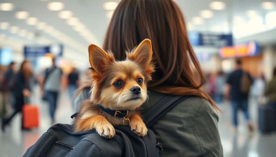 Woman traveling with a small dog in her backpack at the airport.