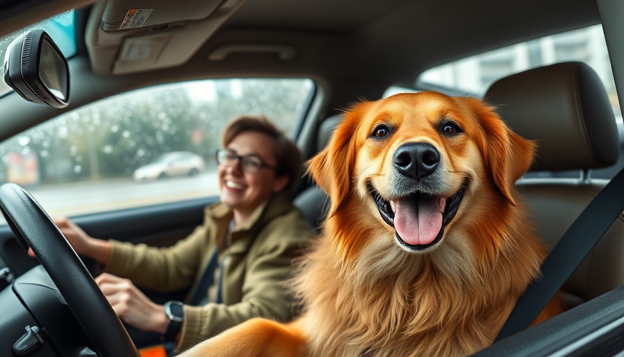 Cheerful driver and calm dog in car, rainy day travel scene.