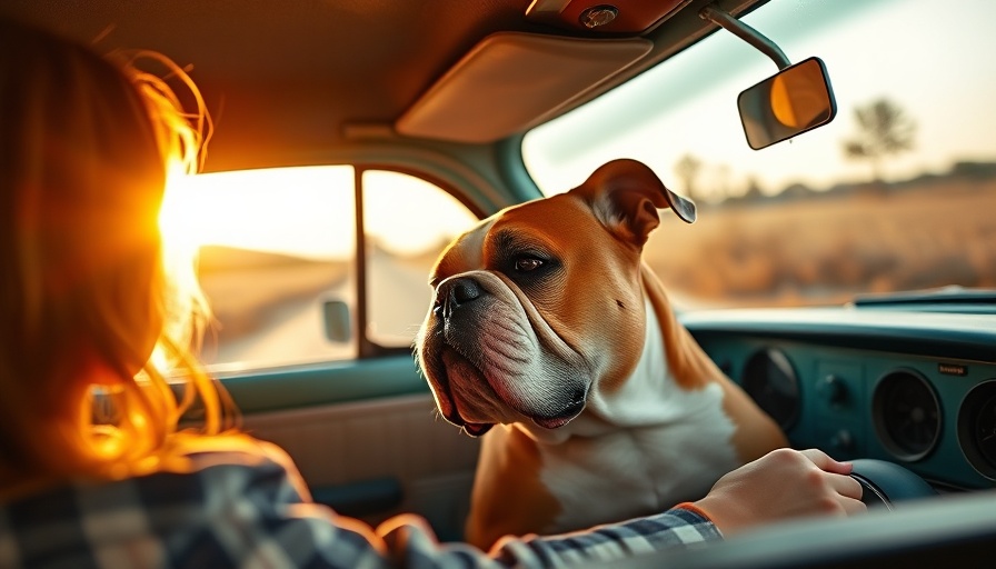 Dog-friendly road trip in vintage car with a bulldog on back seat.