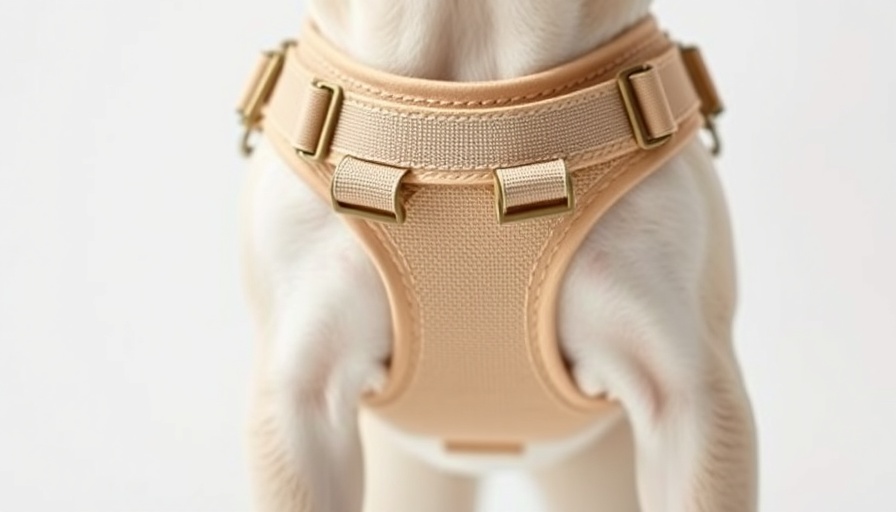 Beige dog harness, a French Bulldog puppy essential, on white background.