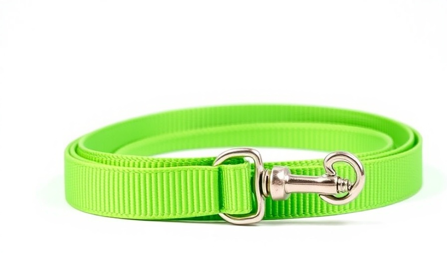 Bright green adjustable dog leash with metal clasps on white background.