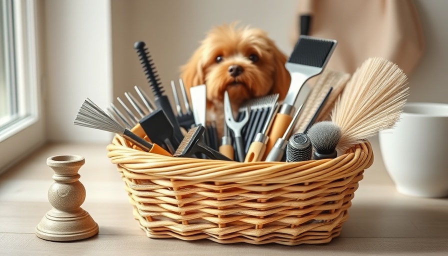 Dog grooming essentials basket with tools in bright, soft lighting.